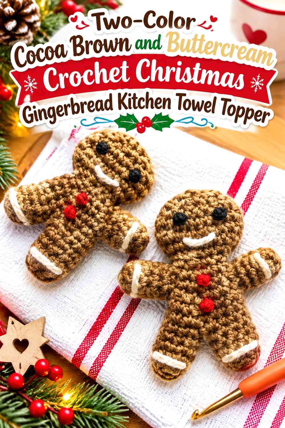 Two-Color Cocoa Brown and Buttercream Crochet Christmas Gingerbread Kitchen Towel Topper