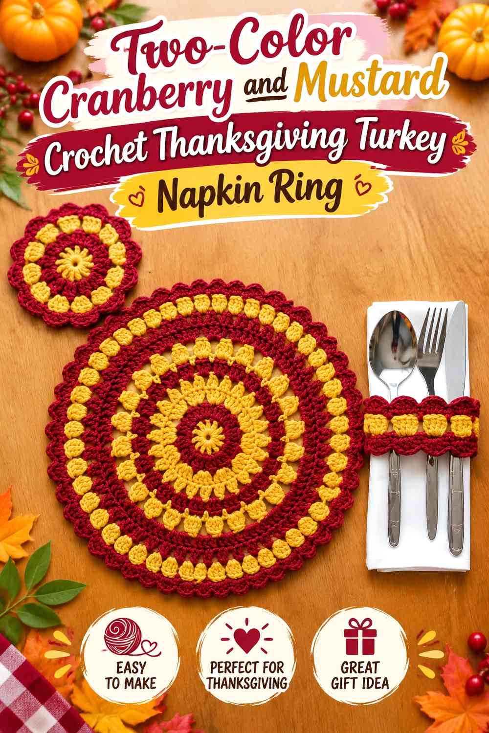 Two-Color Cranberry and Mustard Crochet Thanksgiving Turkey Napkin Ring