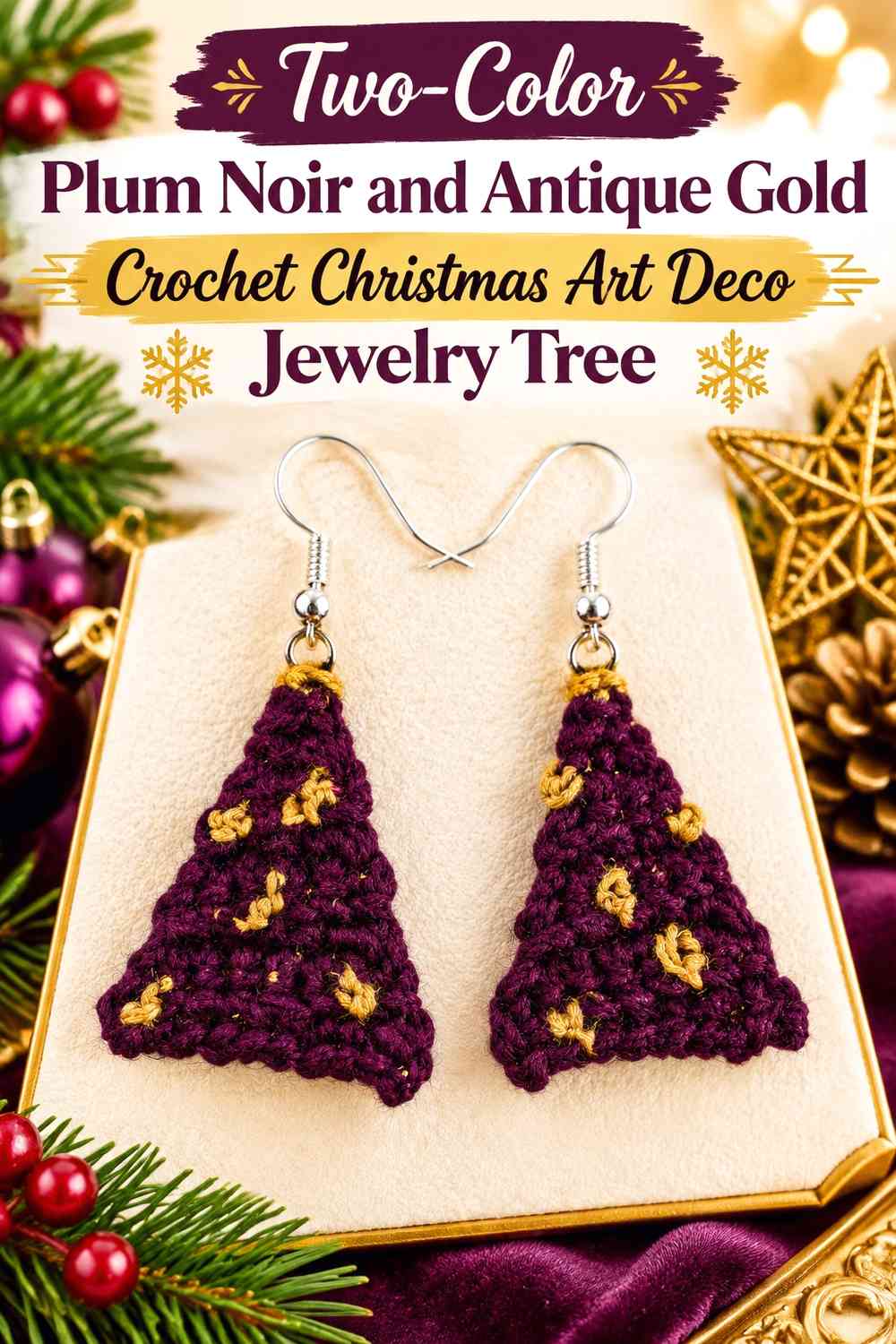 Two-Color Plum Noir and Antique Gold Crochet Christmas Art Deco Jewelry Tree