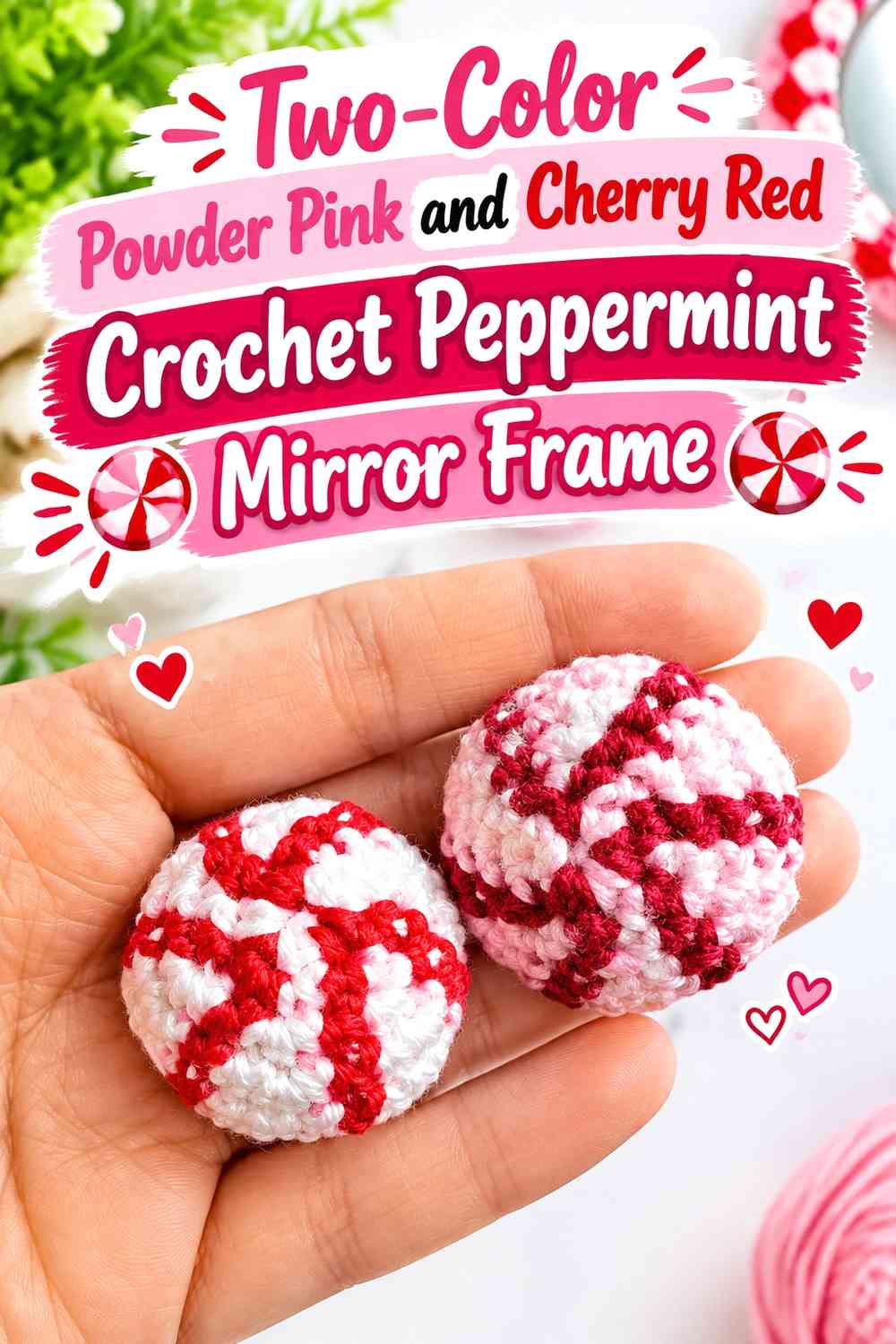 Two-Color Powder Pink and Cherry Red Crochet Peppermint Mirror Frame
