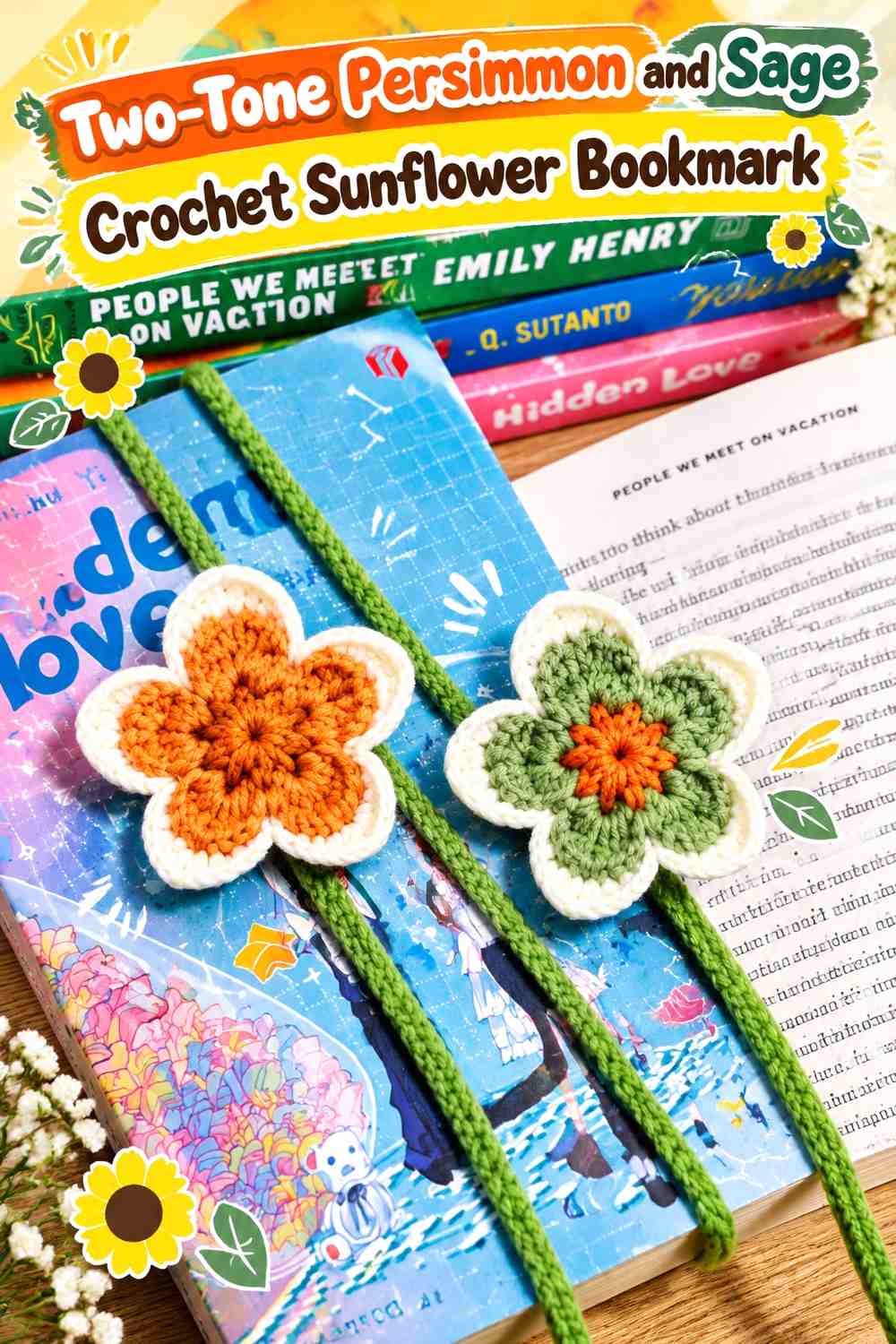 Two-Tone Persimmon and Sage Crochet Sunflower Bookmark
