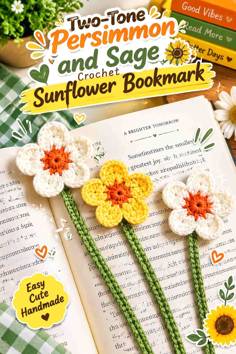 Two-Tone Persimmon and Sage Crochet Sunflower Bookmark