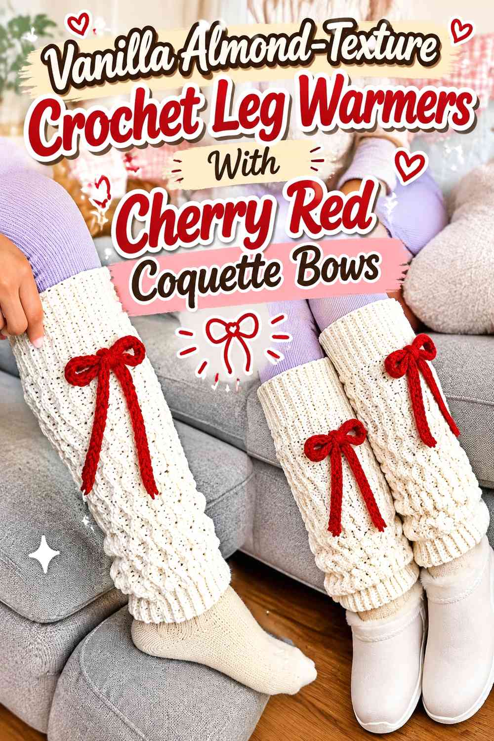Vanilla Almond-Texture Crochet Leg Warmers With Cherry Red Coquette Bows