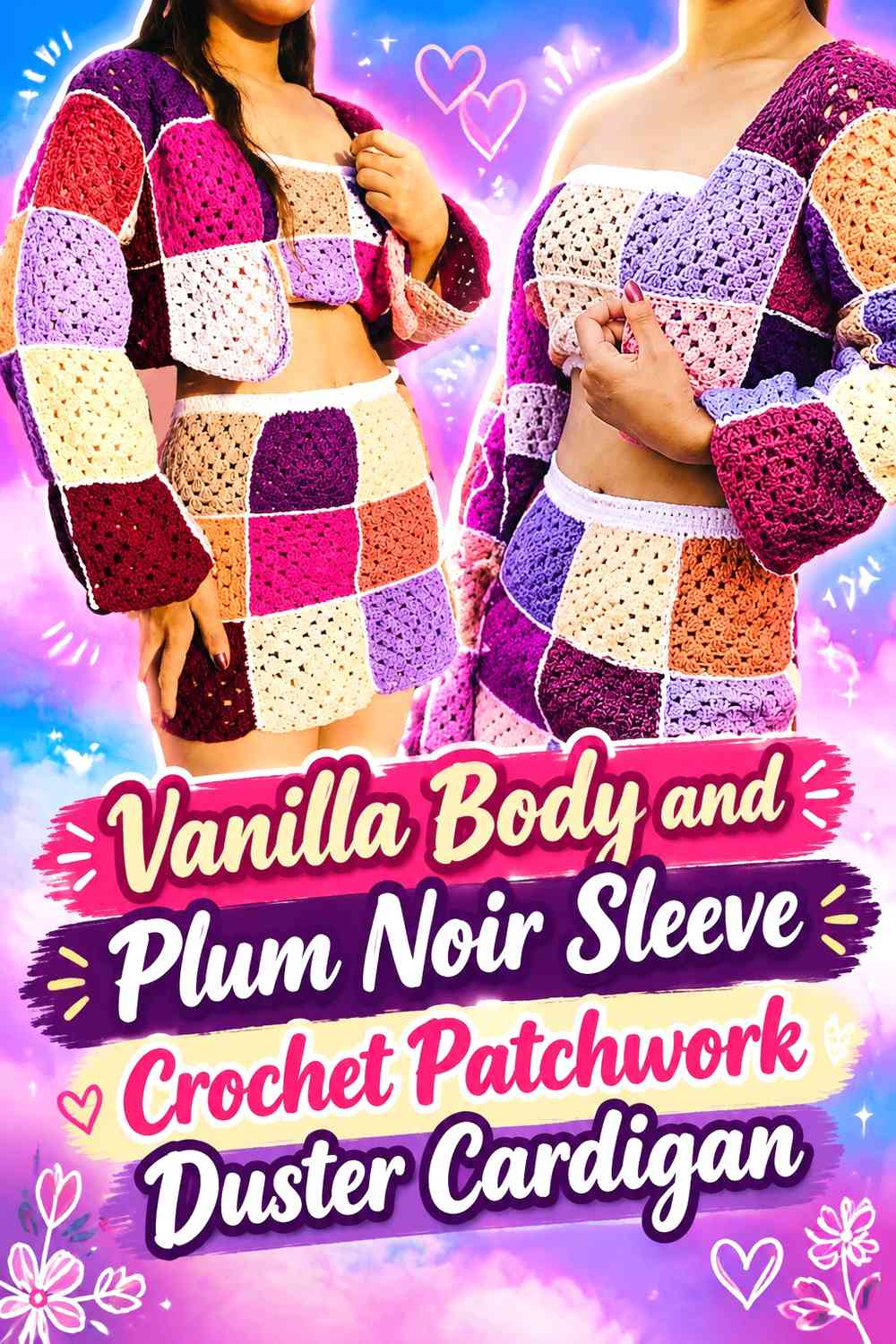 Vanilla Body and Plum Noir Sleeve Crochet Patchwork Duster Cardigan