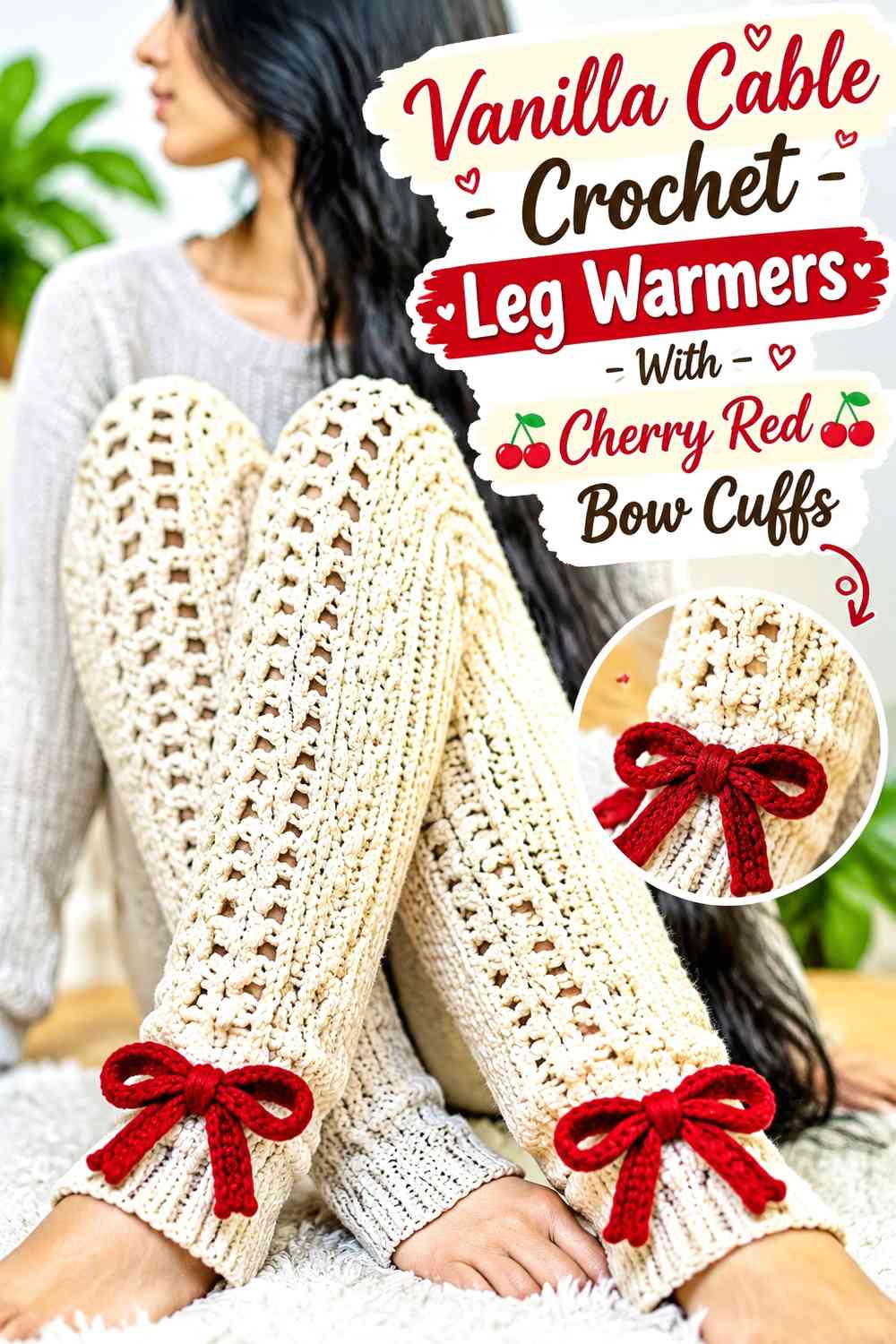 Vanilla Cable Crochet Leg Warmers With Cherry Red Bow Cuffs
