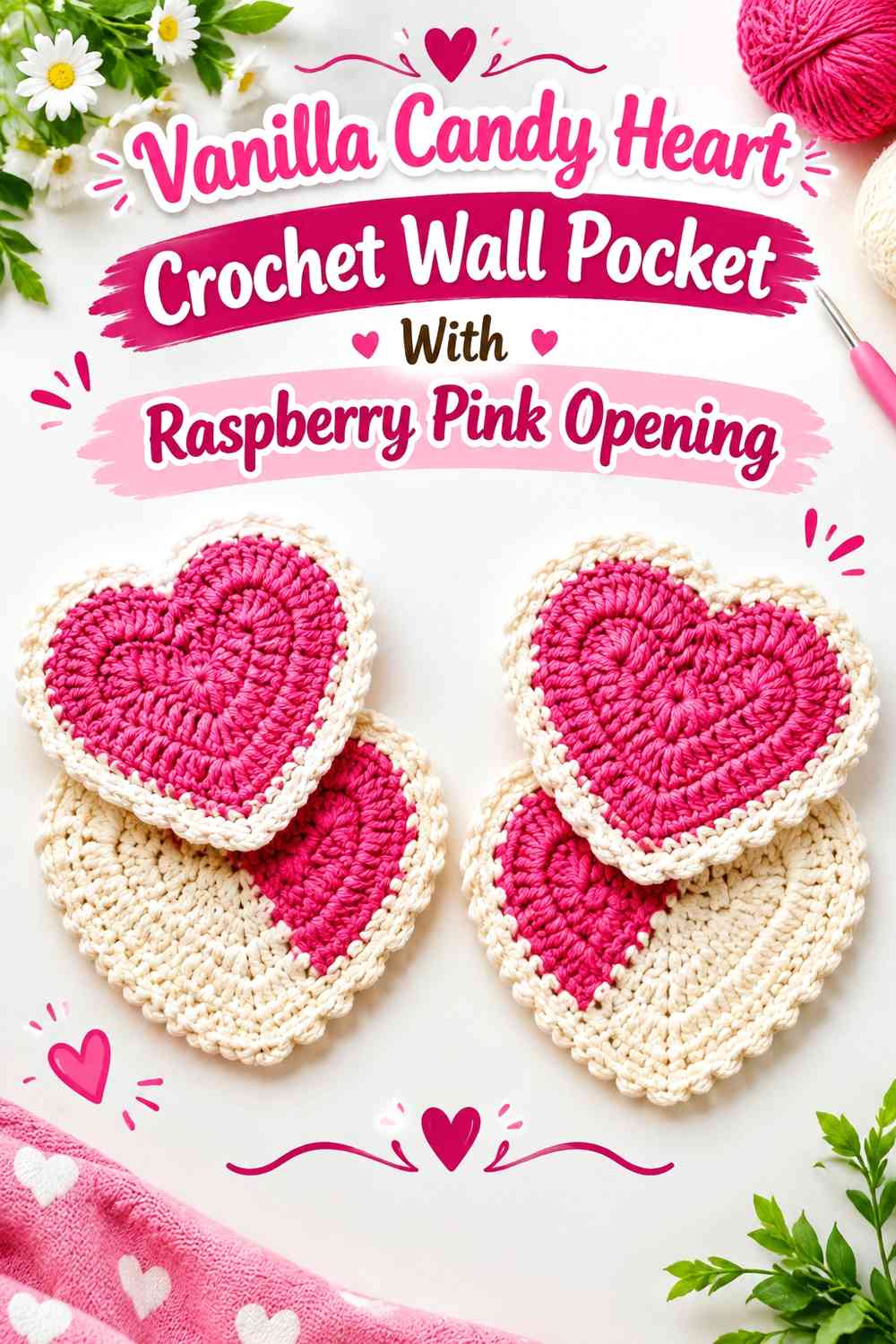 Vanilla Candy Heart Crochet Wall Pocket With Raspberry Pink Opening
