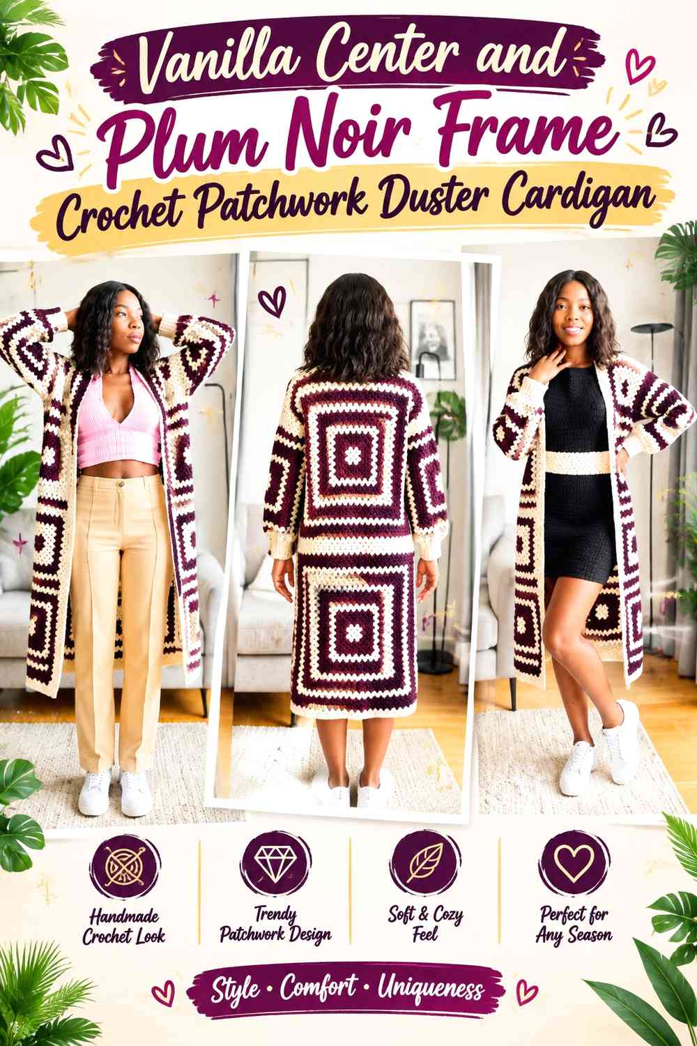 Vanilla Center and Plum Noir Frame Crochet Patchwork Duster Cardigan