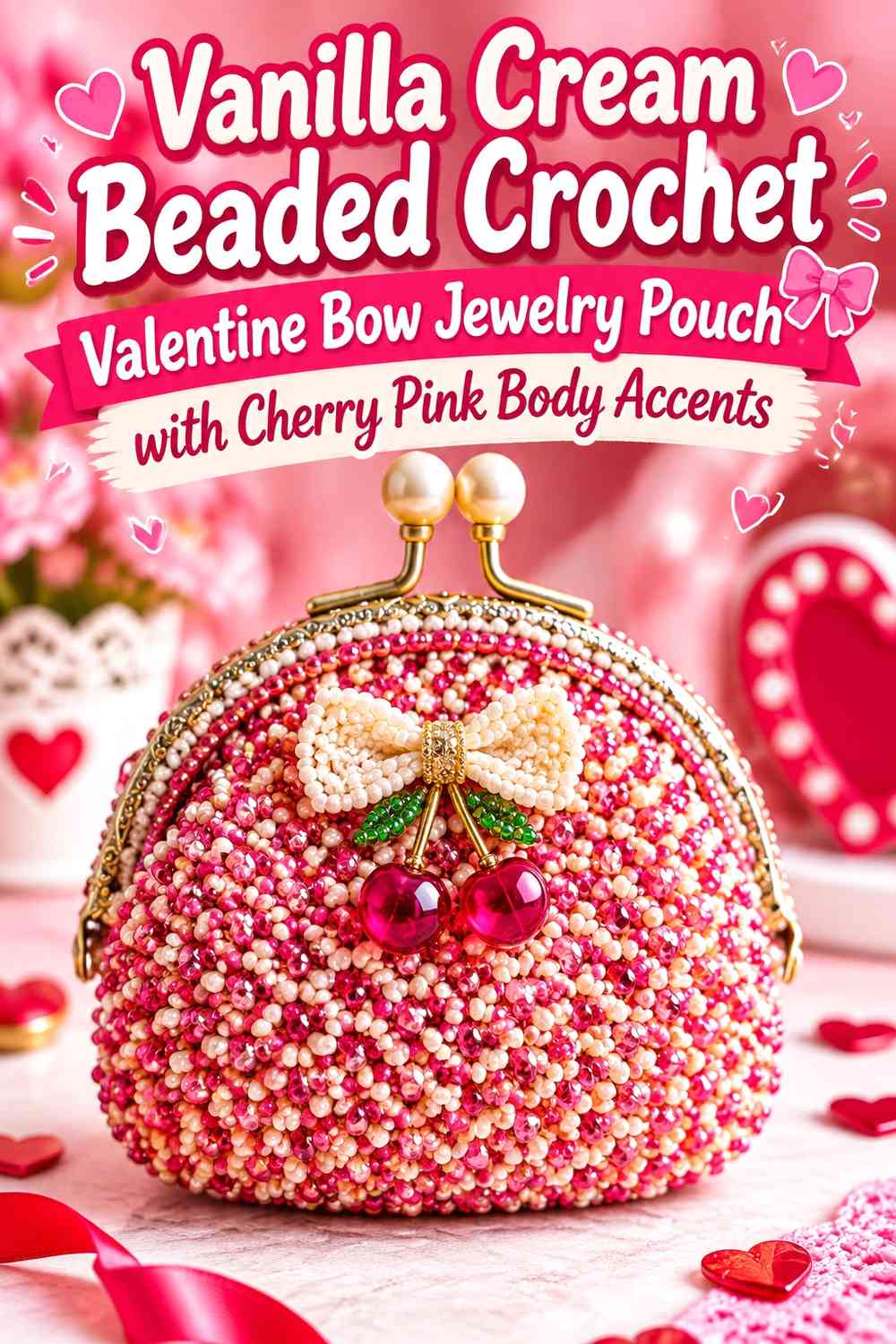 Vanilla Cream Beaded Crochet Valentine Bow Jewelry Pouch with Cherry Pink Body Accents