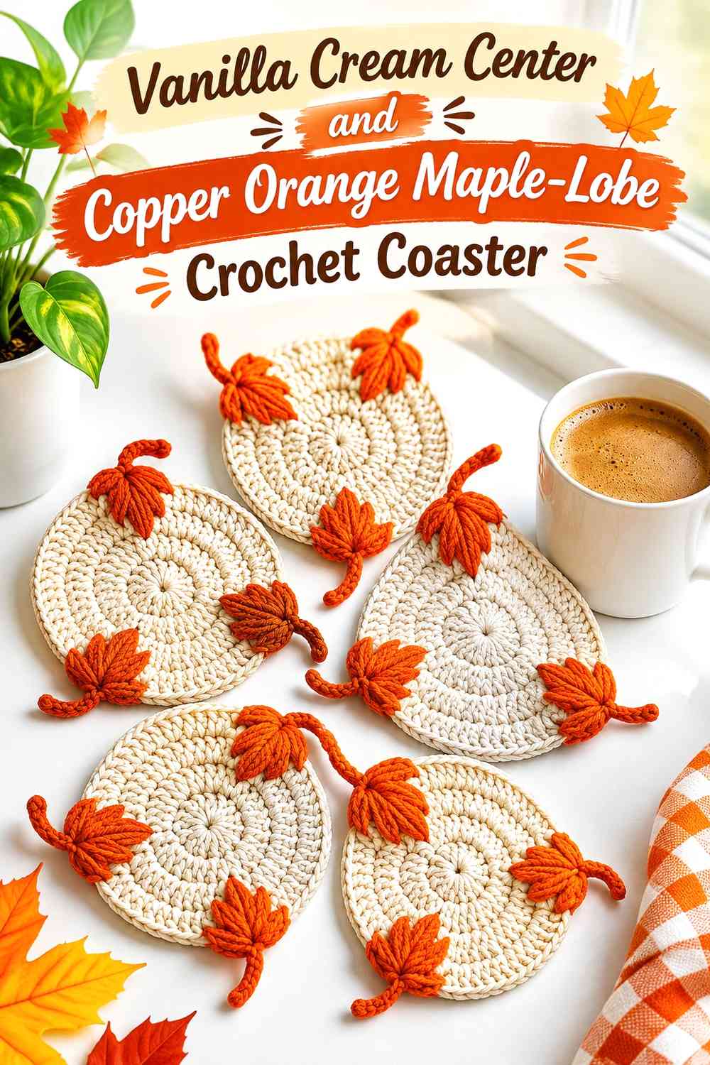 Vanilla Cream Center and Copper Orange Maple-Lobe Crochet Coaster