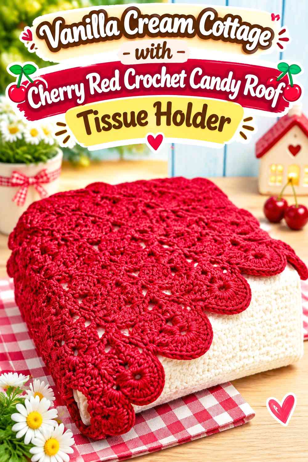 Vanilla Cream Cottage with Cherry Red Crochet Candy Roof Tissue Holder