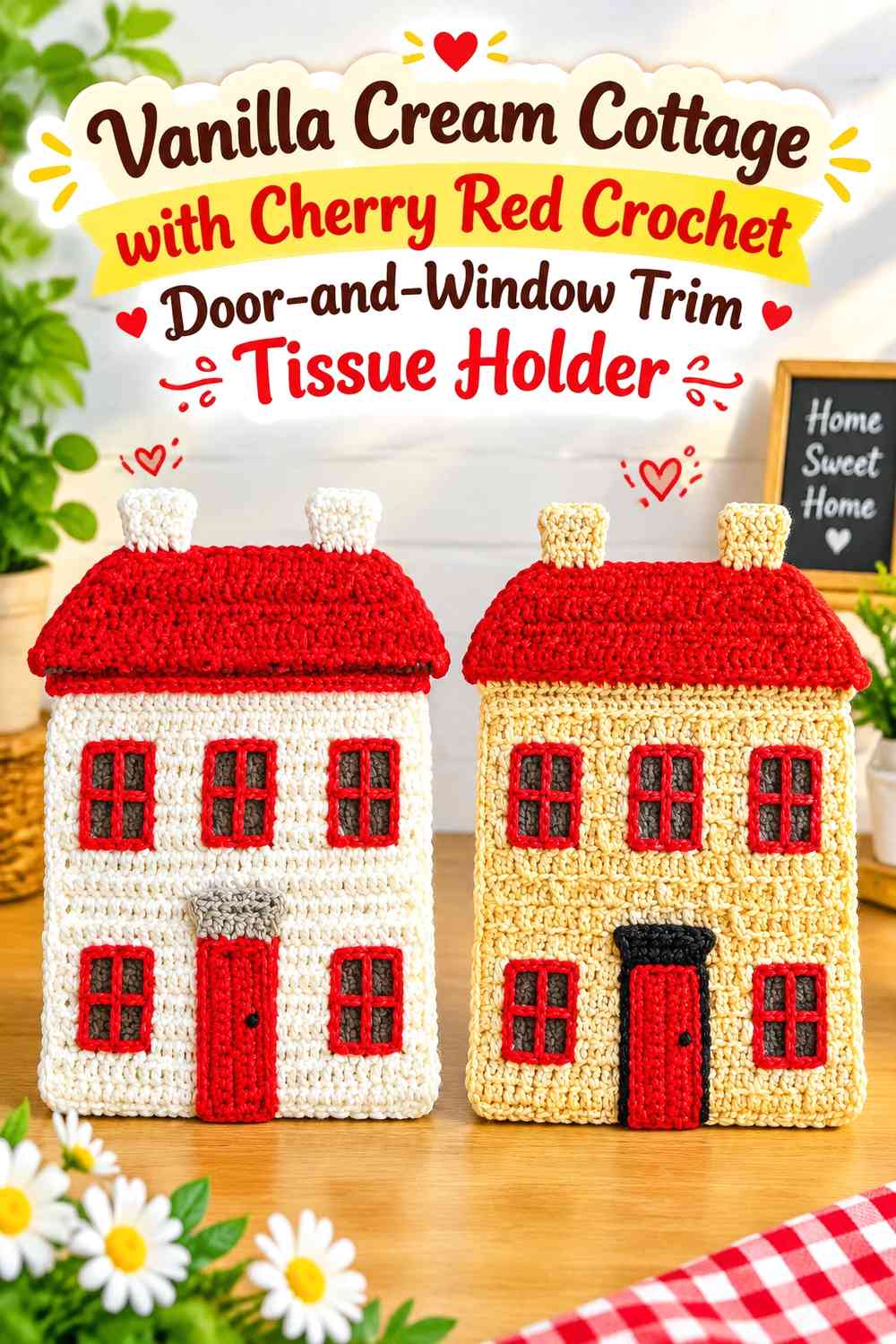 Vanilla Cream Cottage with Cherry Red Crochet Door-and-Window Trim Tissue Holder