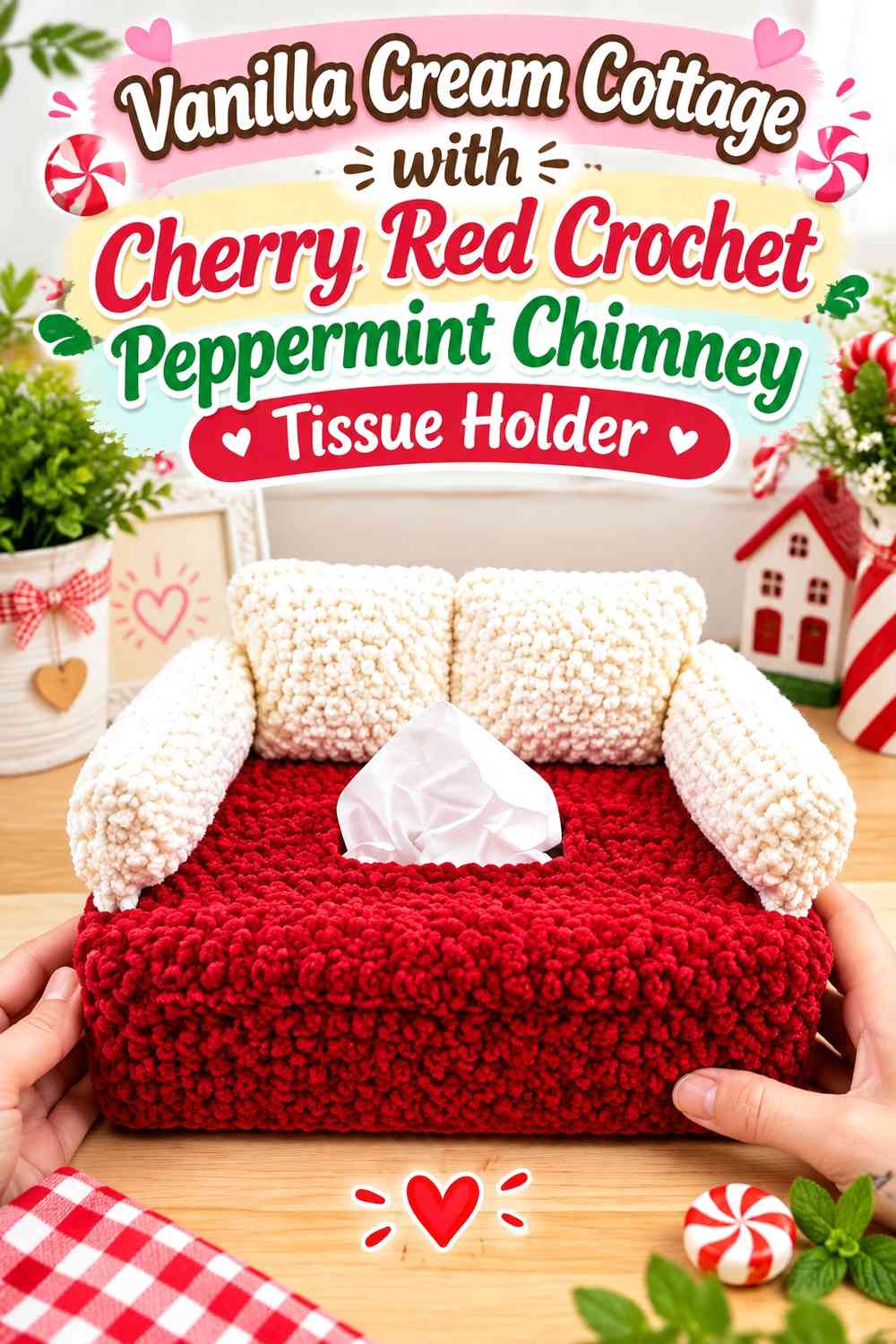 Vanilla Cream Cottage with Cherry Red Crochet Peppermint Chimney Tissue Holder