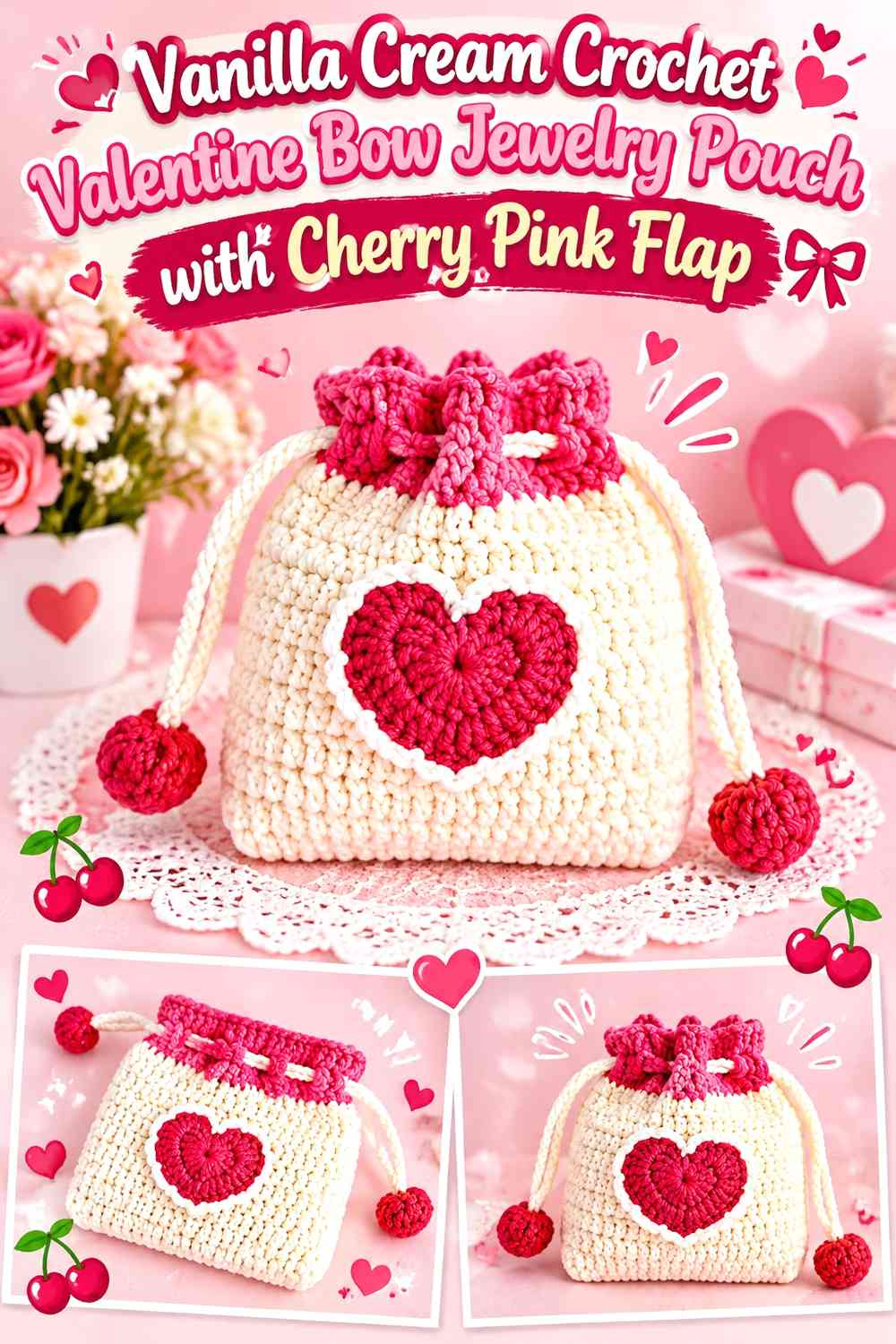 Vanilla Cream Crochet Valentine Bow Jewelry Pouch with Cherry Pink Flap