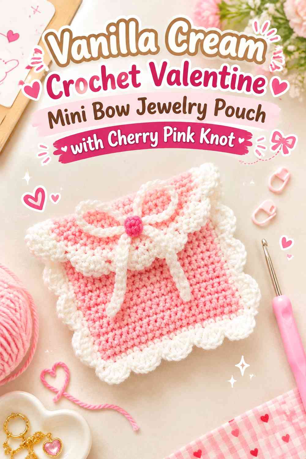 Vanilla Cream Crochet Valentine Mini Bow Jewelry Pouch with Cherry Pink Knot