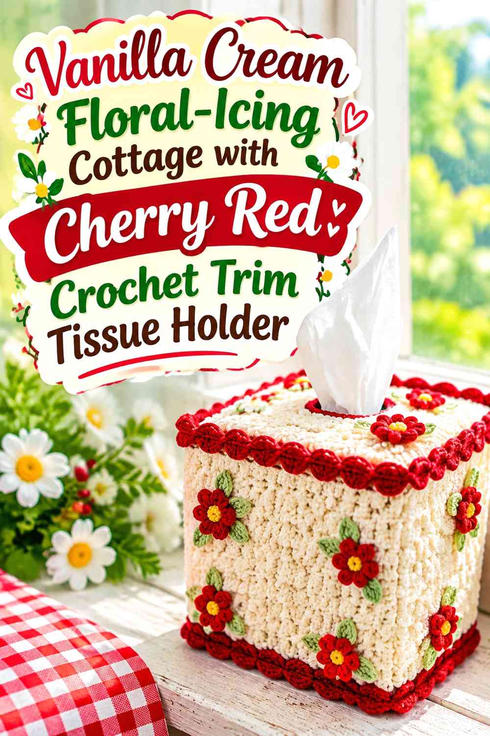Vanilla Cream Floral-Icing Cottage with Cherry Red Crochet Trim Tissue Holder