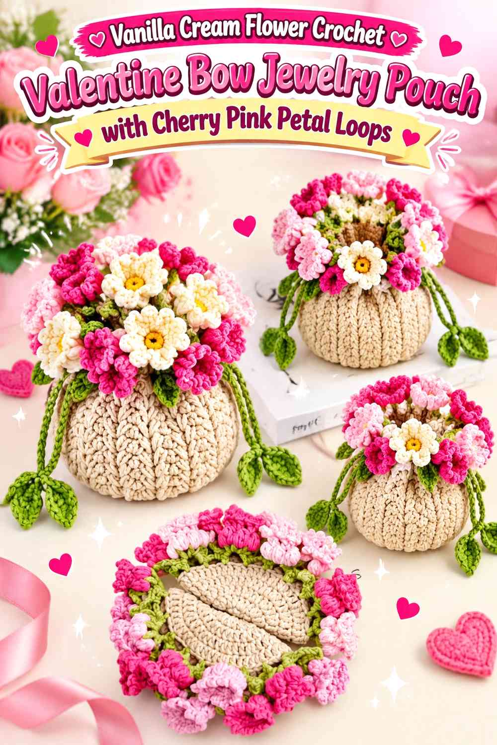 Vanilla Cream Flower Crochet Valentine Bow Jewelry Pouch with Cherry Pink Petal Loops