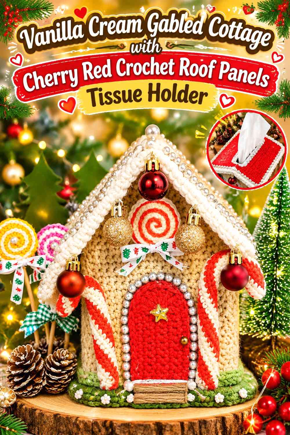 Vanilla Cream Gabled Cottage with Cherry Red Crochet Roof Panels Tissue Holder