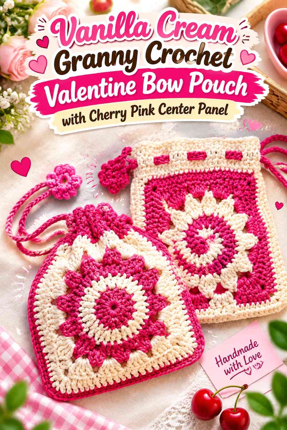 Vanilla Cream Granny Crochet Valentine Bow Pouch with Cherry Pink Center Panel