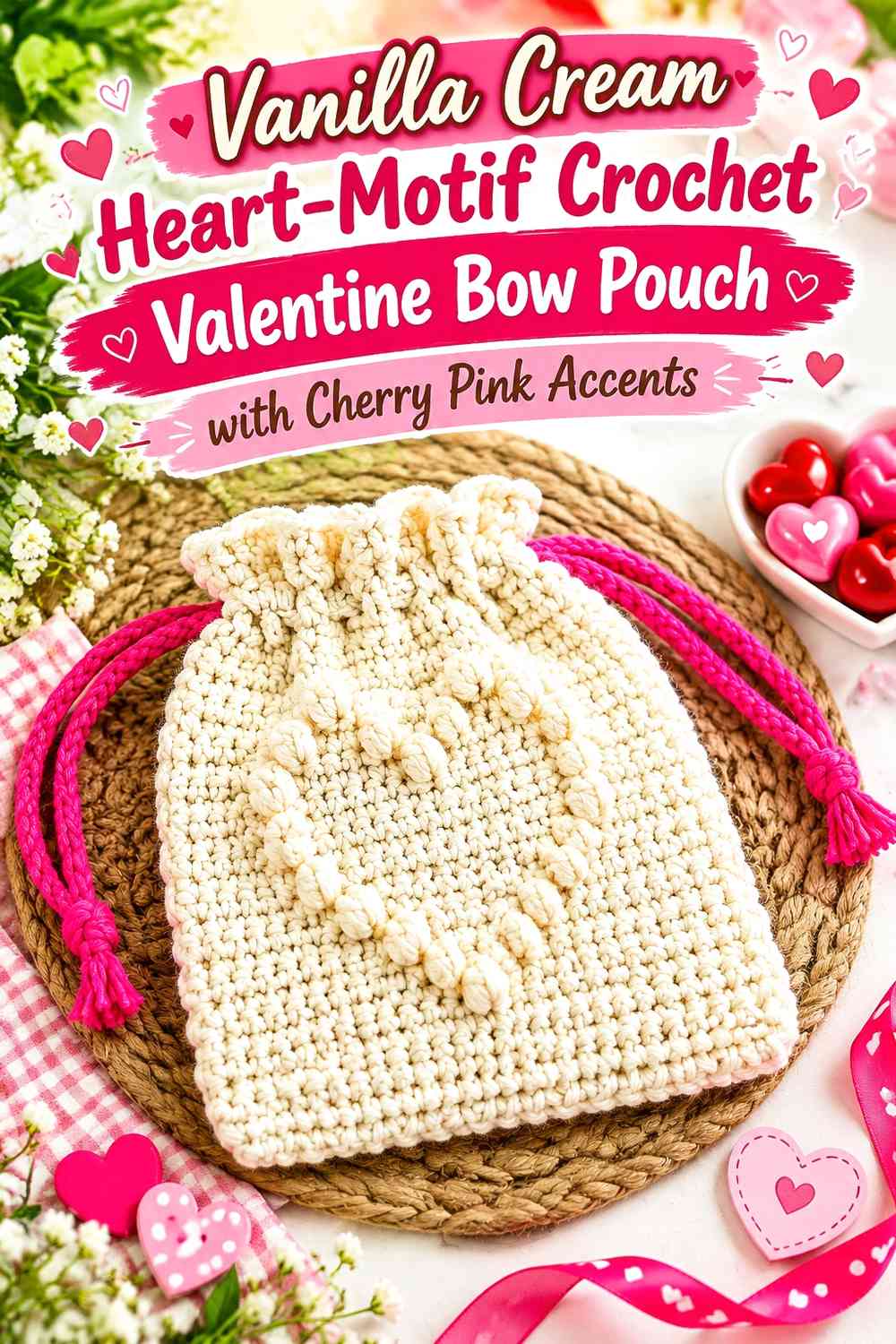 Vanilla Cream Heart-Motif Crochet Valentine Bow Pouch with Cherry Pink Accents