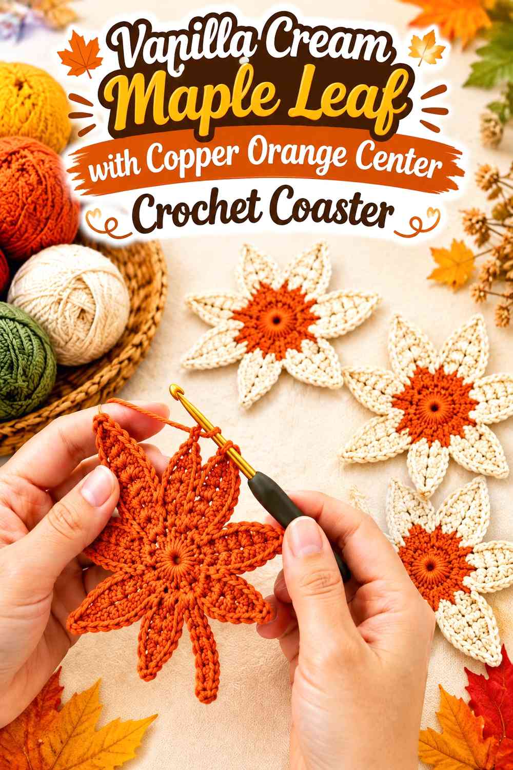 Vanilla Cream Maple Leaf with Copper Orange Center Crochet Coaster