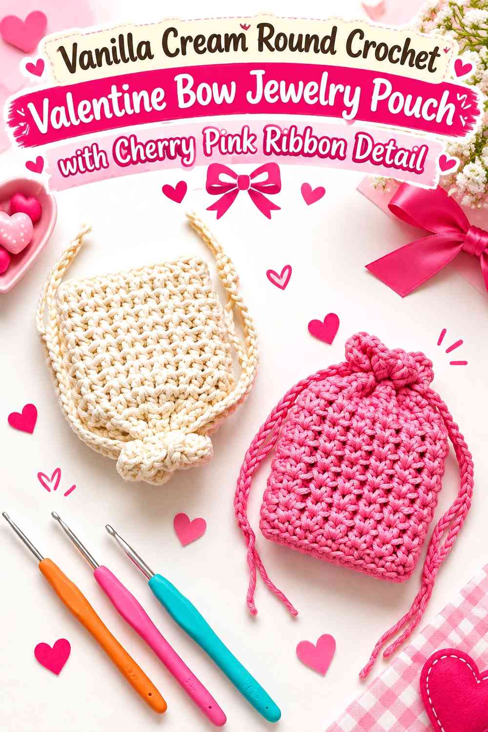 Vanilla Cream Round Crochet Valentine Bow Jewelry Pouch with Cherry Pink Ribbon Detail
