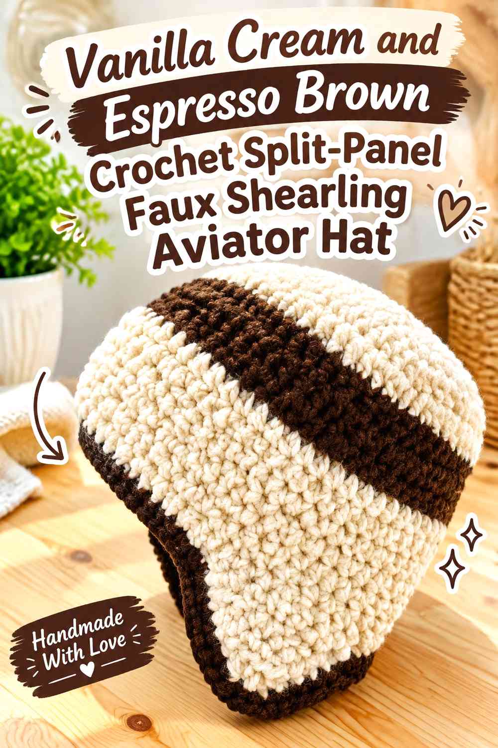 Vanilla Cream and Espresso Brown Crochet Split-Panel Faux Shearling Aviator Hat