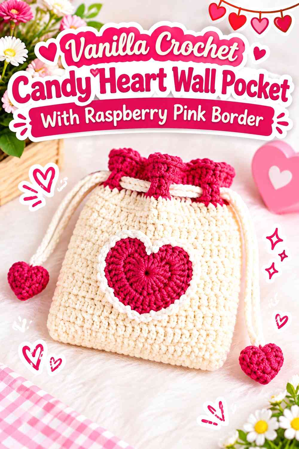 Vanilla Crochet Candy Heart Wall Pocket With Raspberry Pink Border