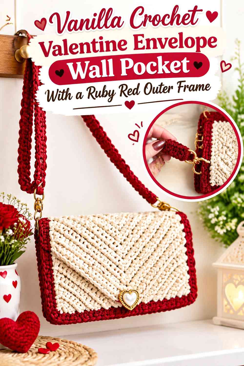 Vanilla Crochet Valentine Envelope Wall Pocket With a Ruby Red Outer Frame