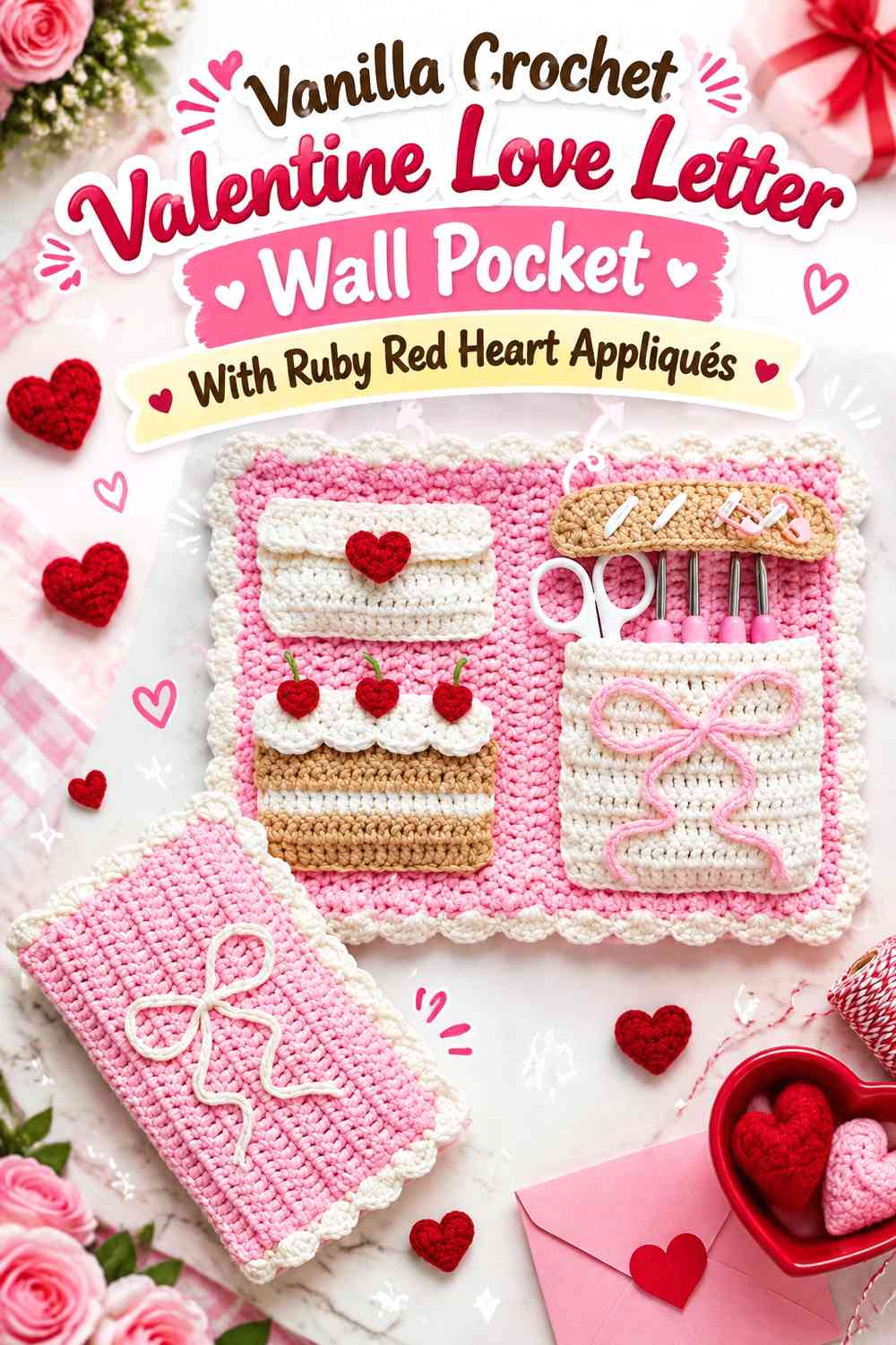 Vanilla Crochet Valentine Love Letter Wall Pocket With Ruby Red Heart Appliqués