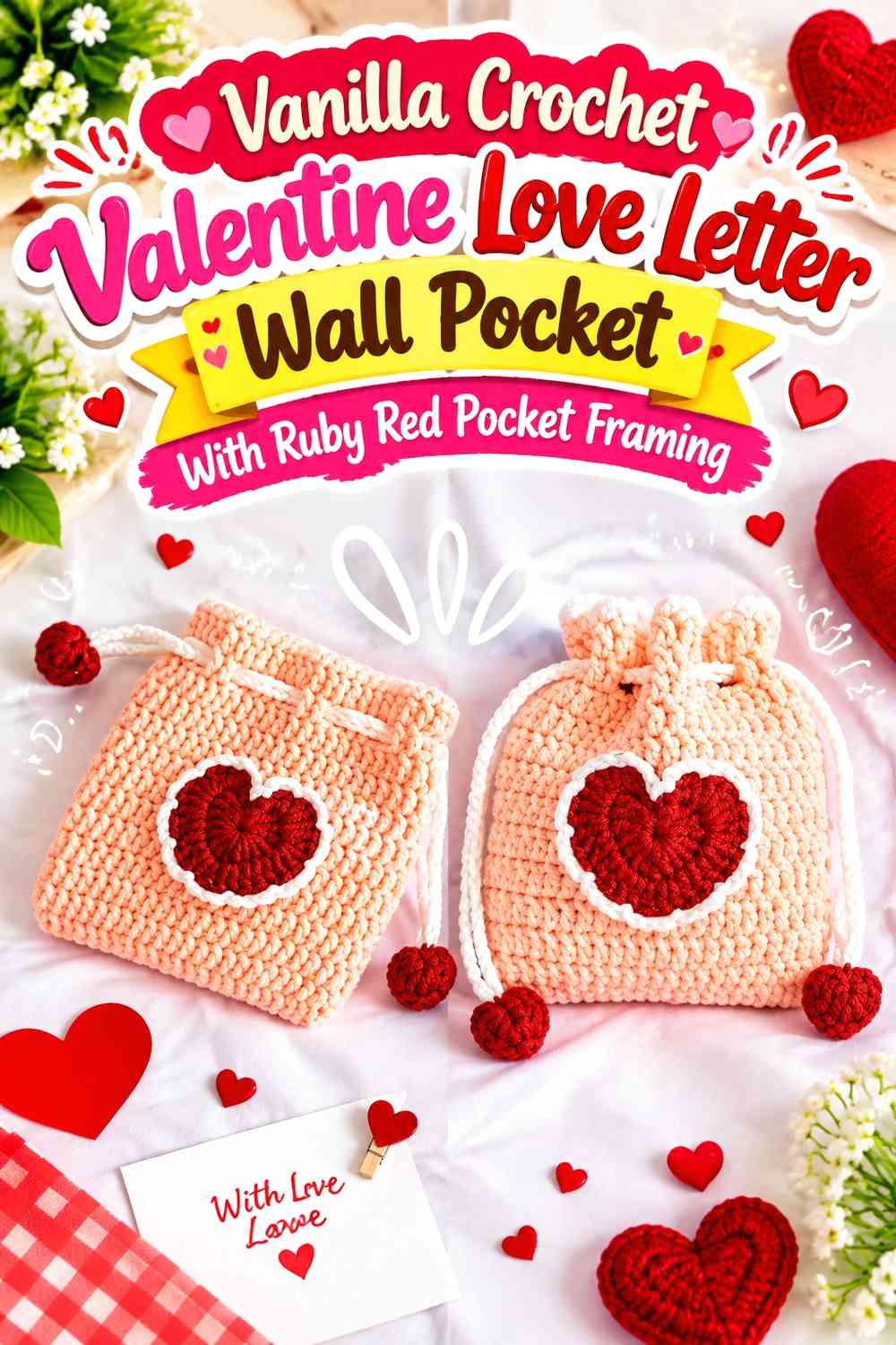 Vanilla Crochet Valentine Love Letter Wall Pocket With Ruby Red Pocket Framing