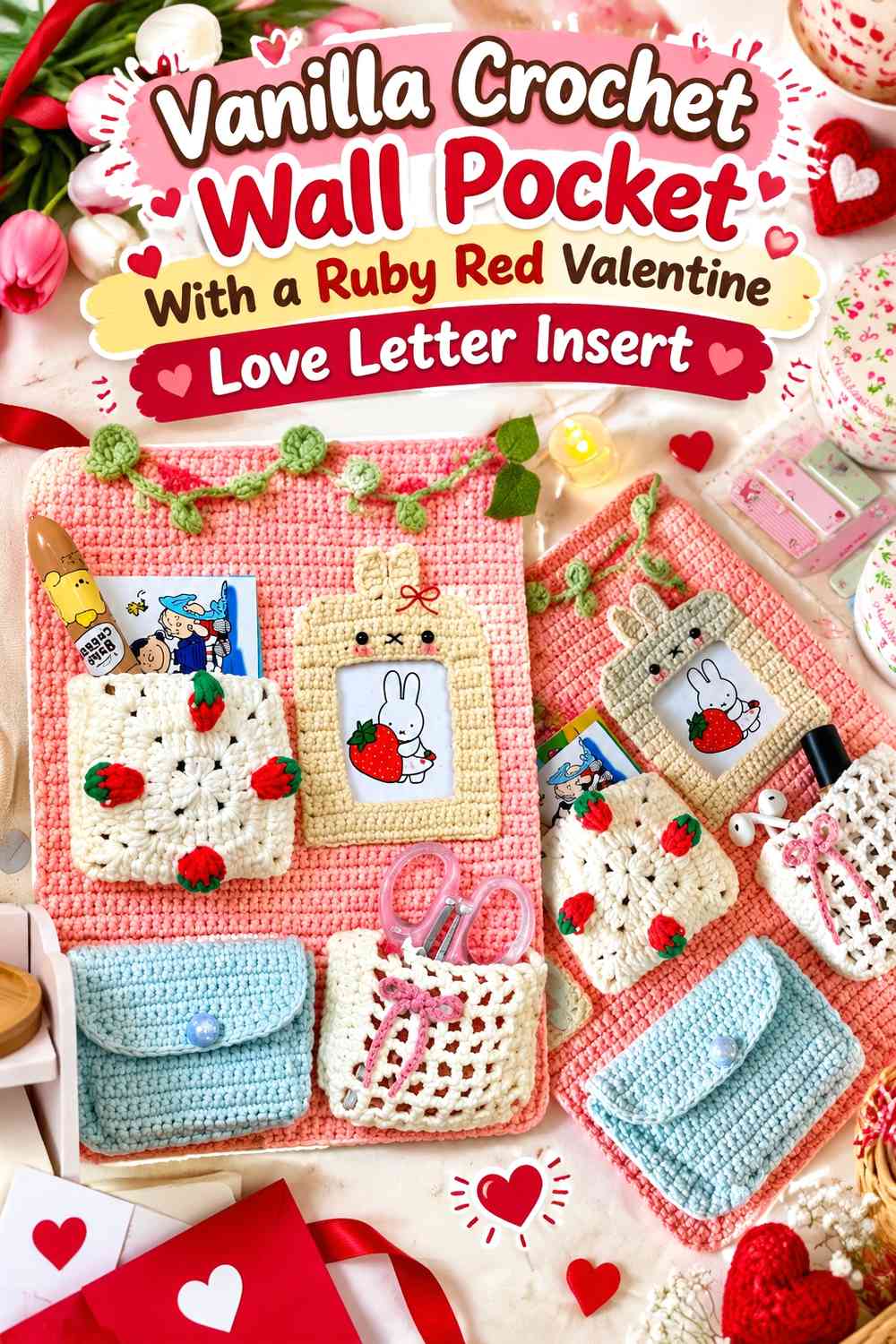 Vanilla Crochet Wall Pocket With a Ruby Red Valentine Love Letter Insert
