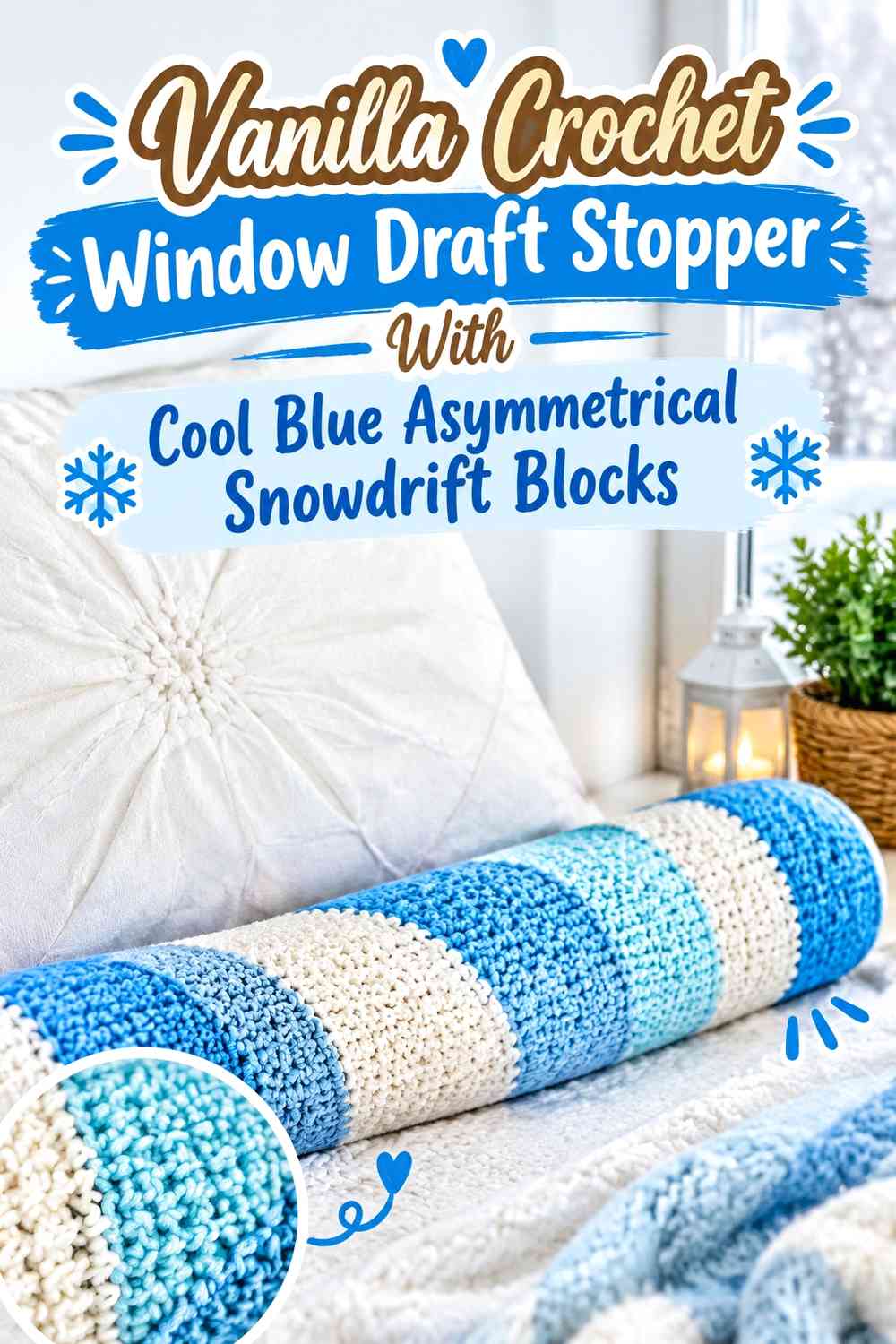 Vanilla Crochet Window Draft Stopper With Cool Blue Asymmetrical Snowdrift Blocks