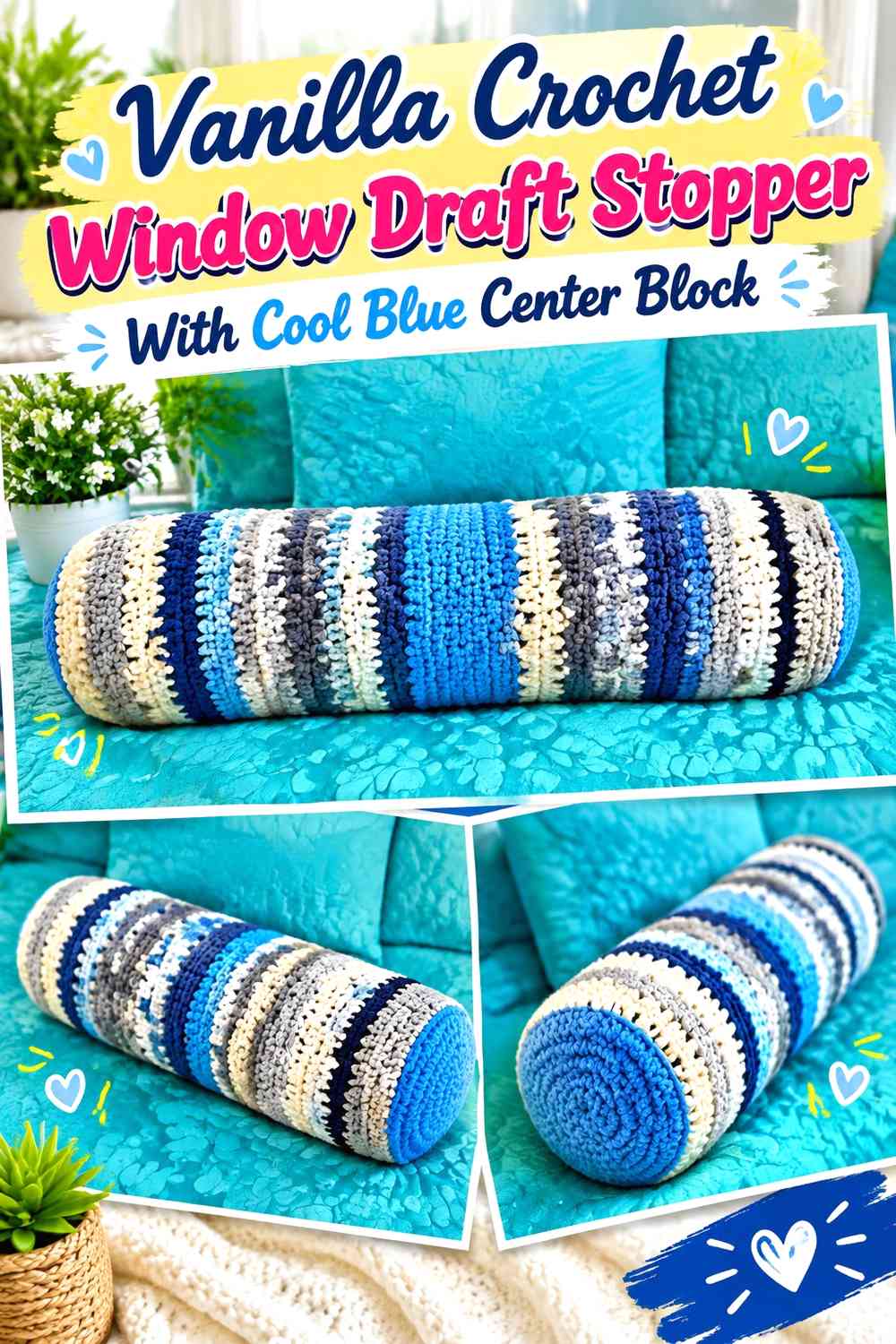Vanilla Crochet Window Draft Stopper With Cool Blue Center Block