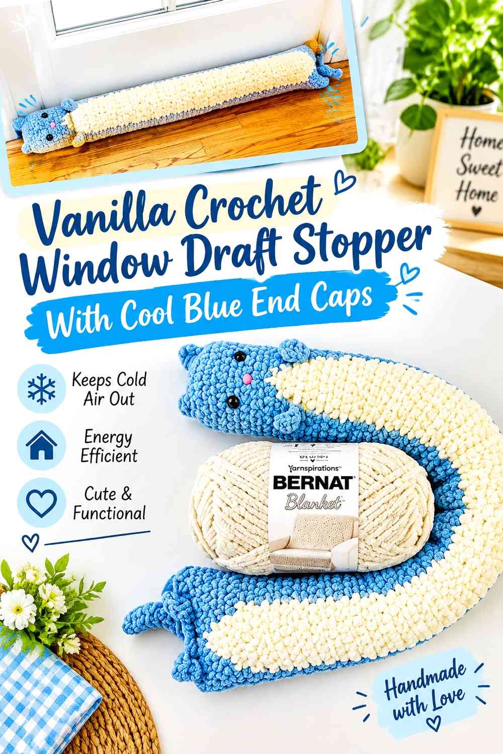 Vanilla Crochet Window Draft Stopper With Cool Blue End Caps