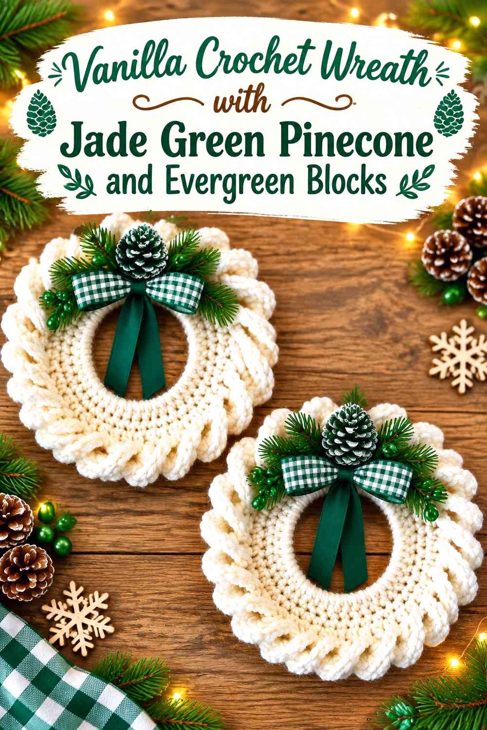 Vanilla Crochet Wreath with Jade Green Pinecone and Evergreen Blocks