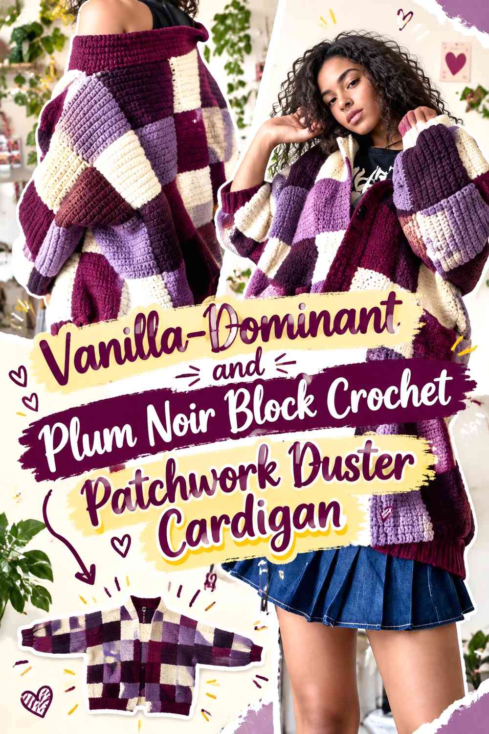 Vanilla-Dominant and Plum Noir Block Crochet Patchwork Duster Cardigan