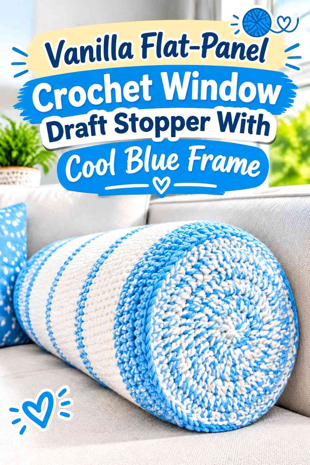 Vanilla Flat-Panel Crochet Window Draft Stopper With Cool Blue Frame