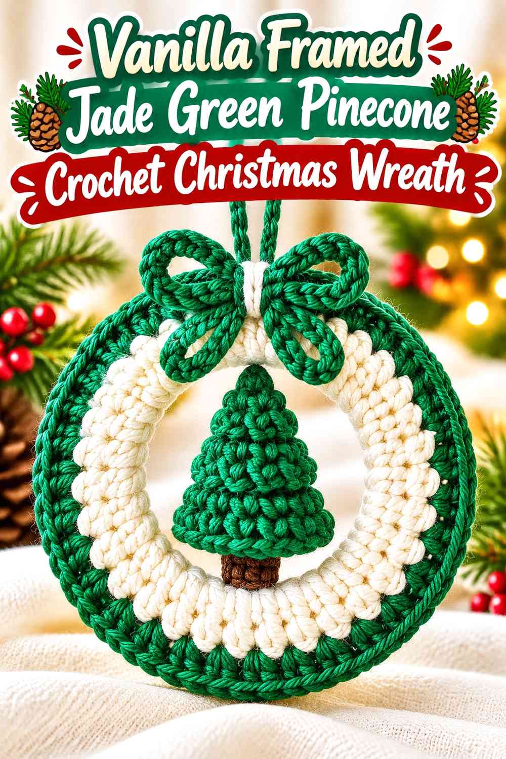 Vanilla Framed Jade Green Pinecone Crochet Christmas Wreath