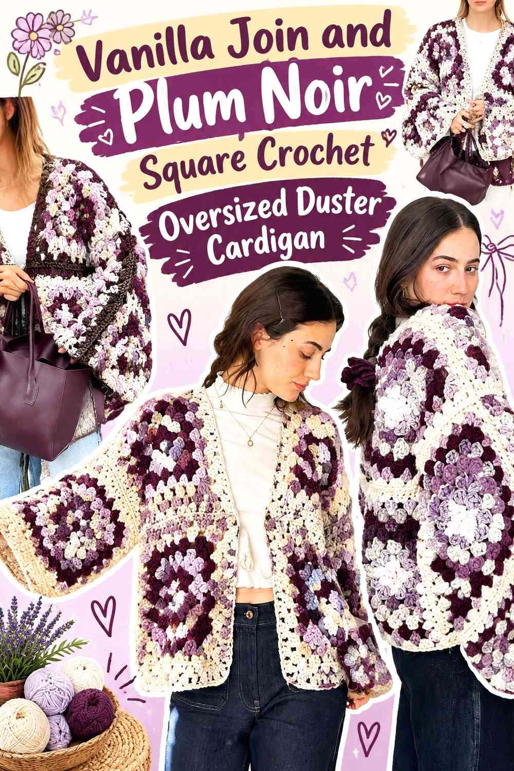 Vanilla Join and Plum Noir Square Crochet Oversized Duster Cardigan