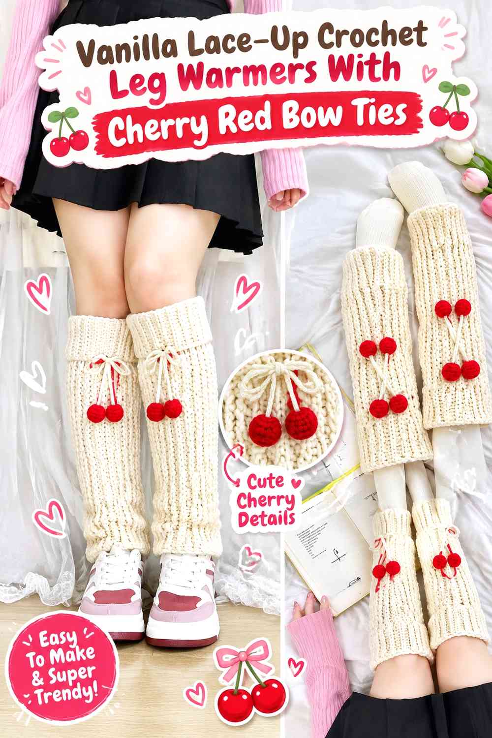 Vanilla Lace-Up Crochet Leg Warmers With Cherry Red Bow Ties