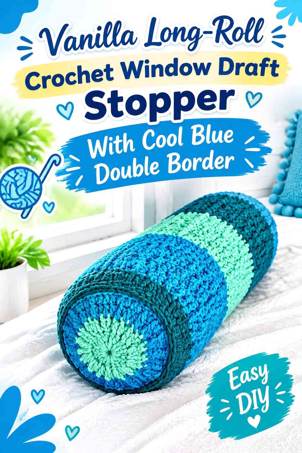 Vanilla Long-Roll Crochet Window Draft Stopper With Cool Blue Double Border