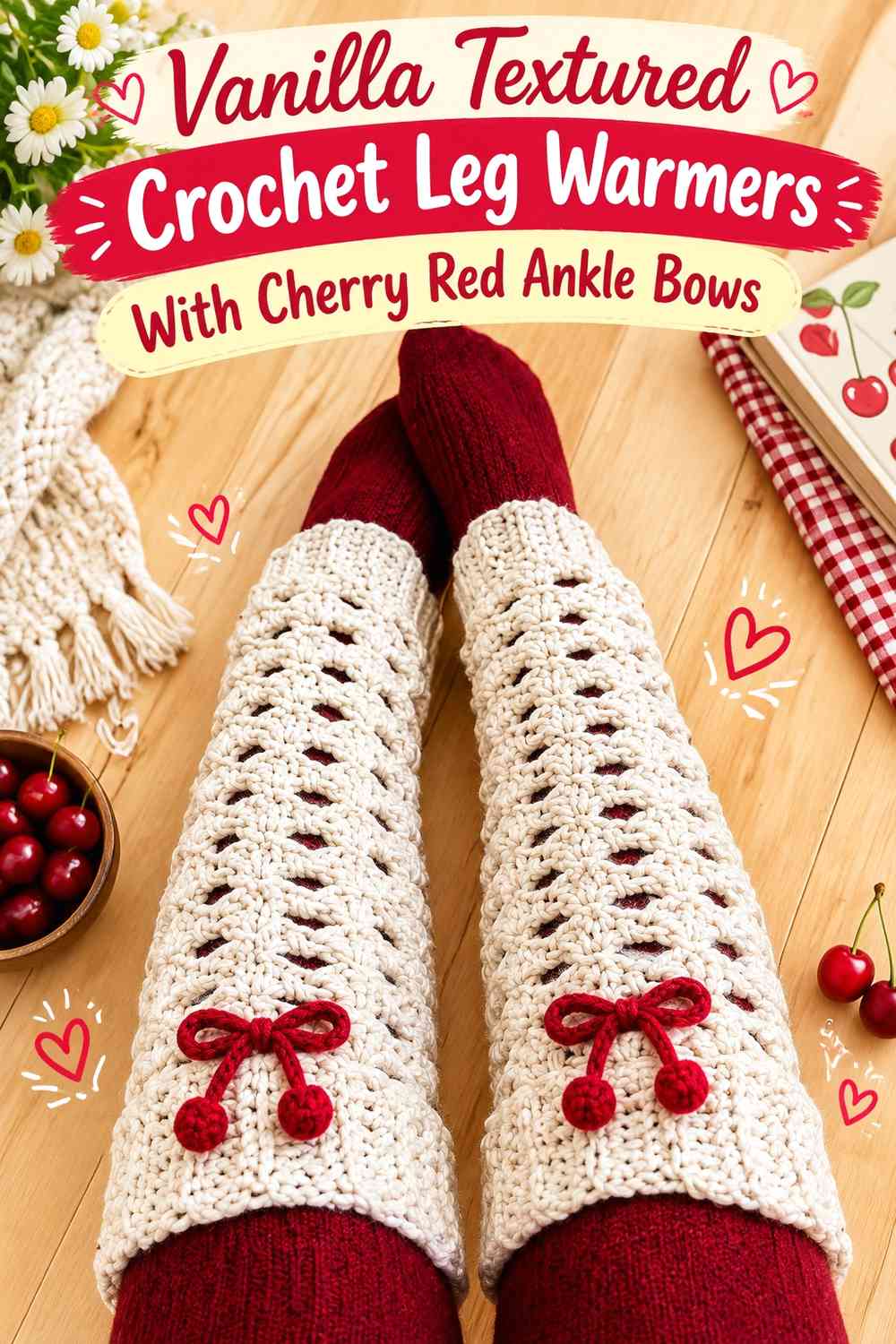 Vanilla Textured Crochet Leg Warmers With Cherry Red Ankle Bows