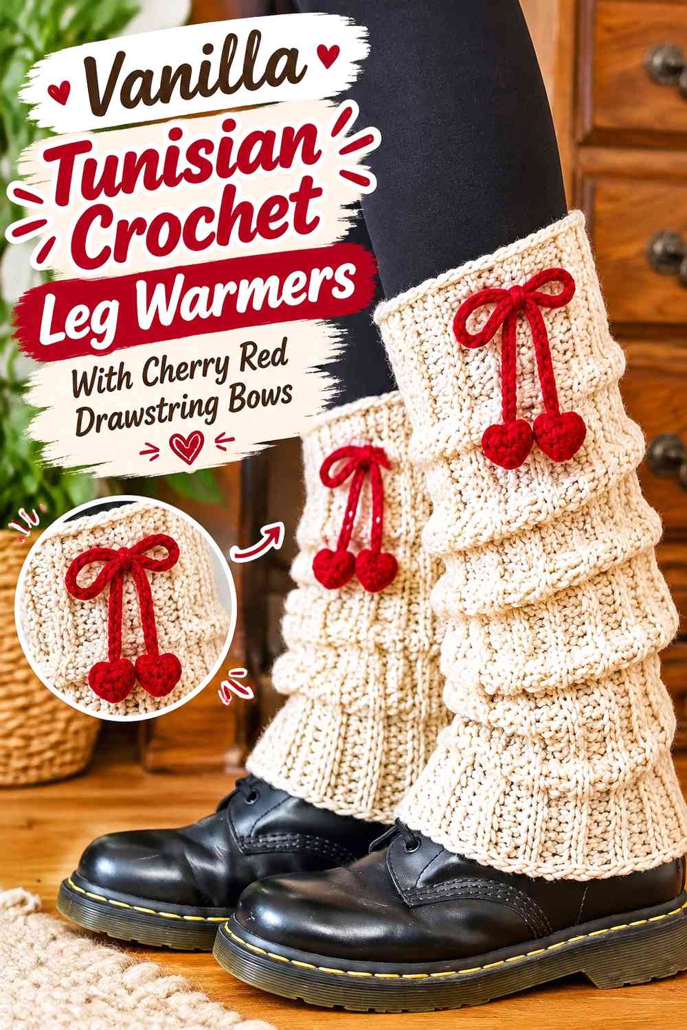 Vanilla Tunisian Crochet Leg Warmers With Cherry Red Drawstring Bows