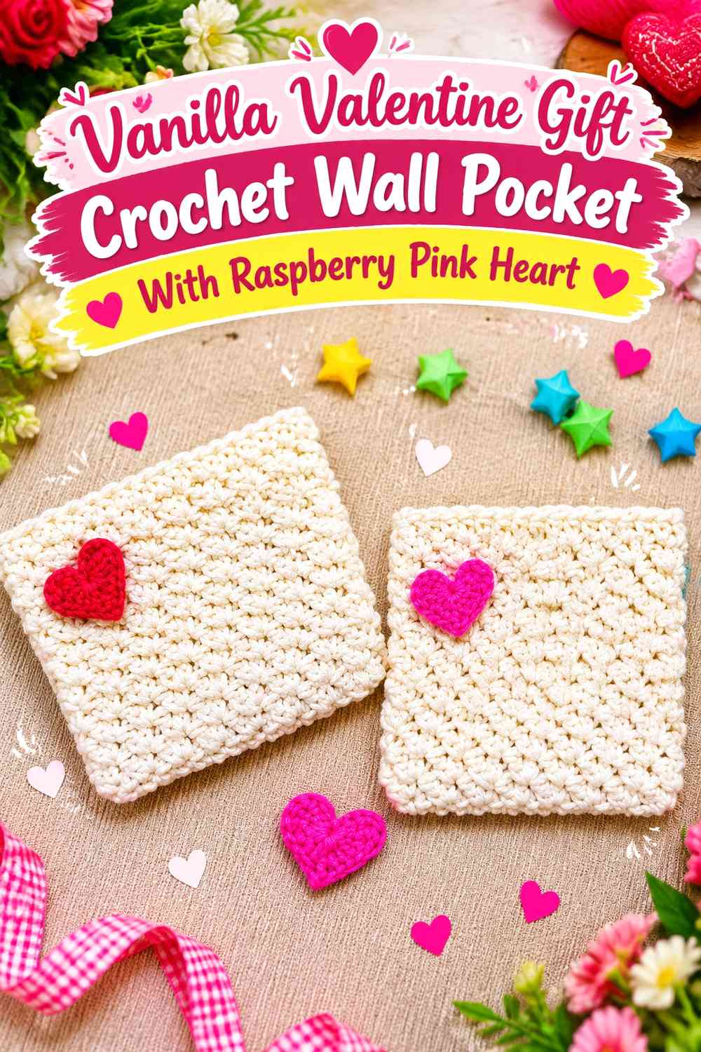 Vanilla Valentine Gift Crochet Wall Pocket With Raspberry Pink Heart