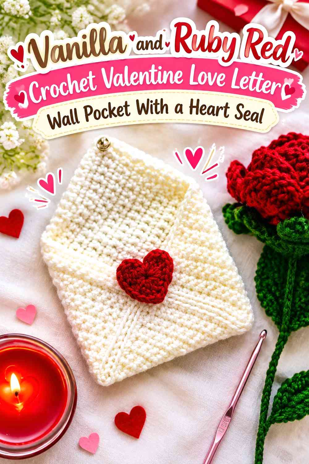 Vanilla and Ruby Red Crochet Valentine Love Letter Wall Pocket With a Heart Seal