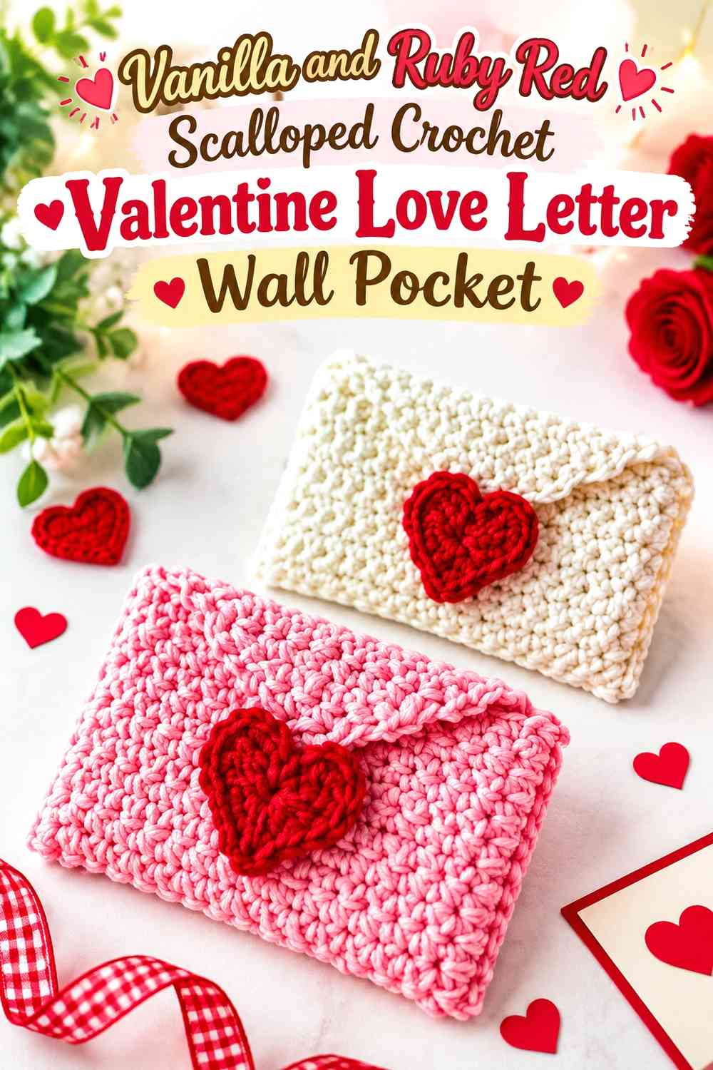 Vanilla and Ruby Red Scalloped Crochet Valentine Love Letter Wall Pocket