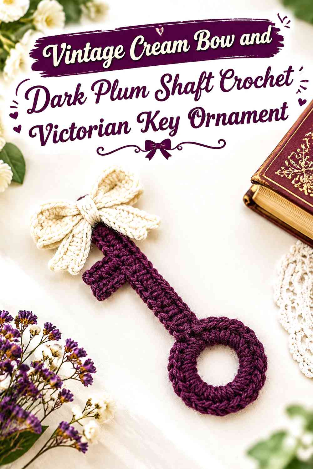 Vintage Cream Bow and Dark Plum Shaft Crochet Victorian Key Ornament