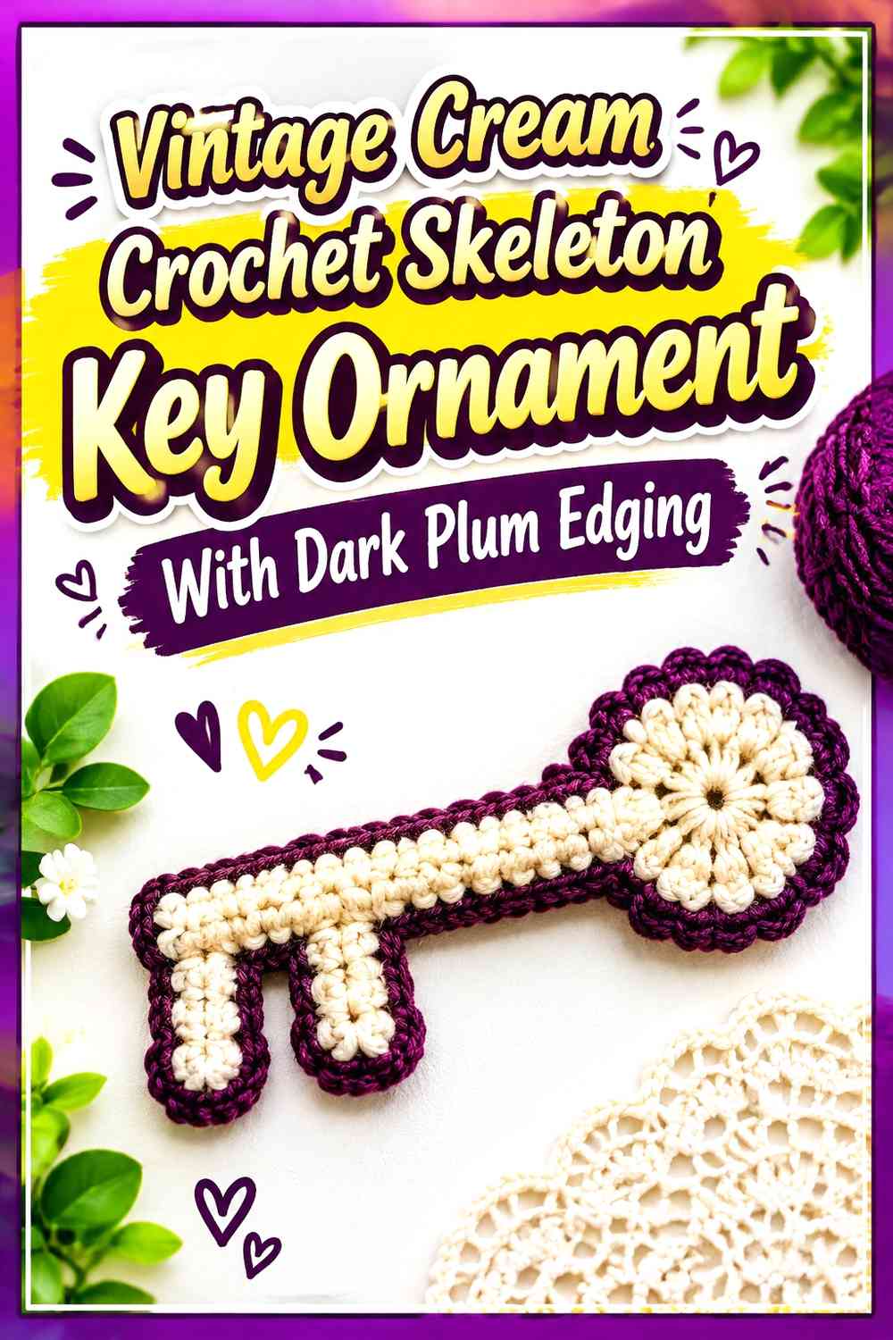 Vintage Cream Crochet Skeleton Key Ornament With Dark Plum Edging