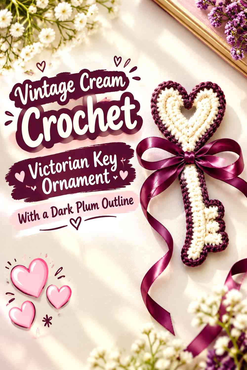 Vintage Cream Crochet Victorian Key Ornament With a Dark Plum Outline