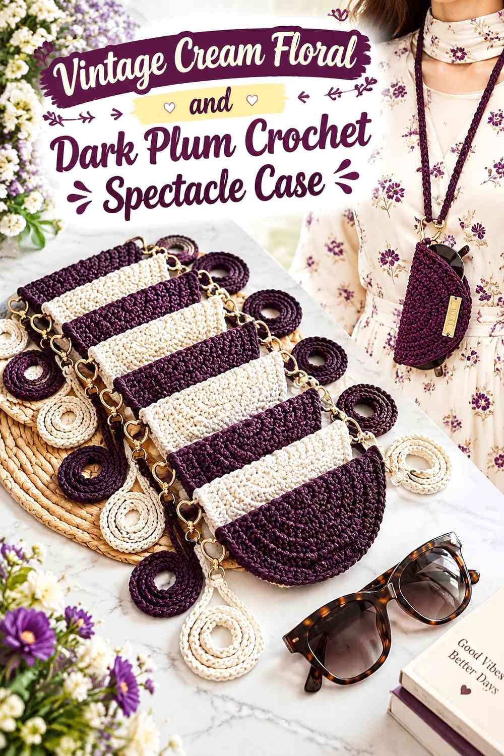 Vintage Cream Floral and Dark Plum Crochet Spectacle Case
